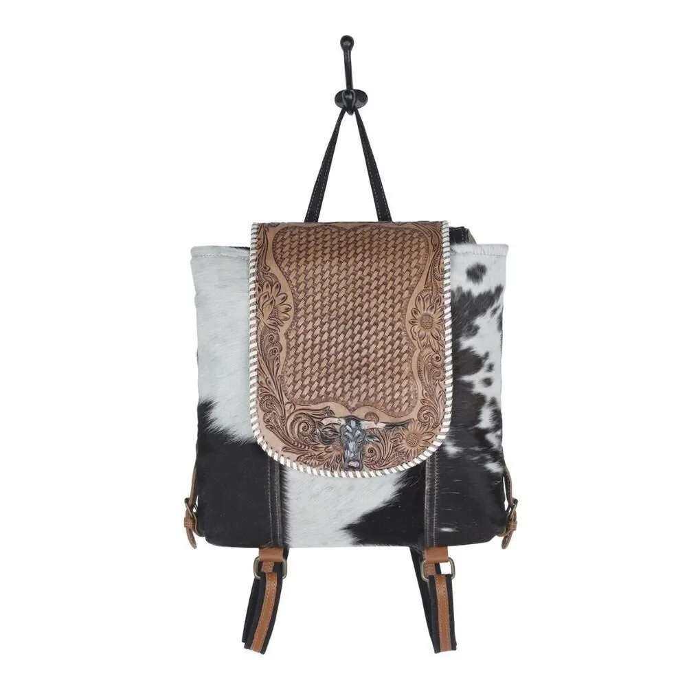 Myra Bag Handmade Padauk Hand Tooled Bag Upcycled Canvas & Cowhide Leather